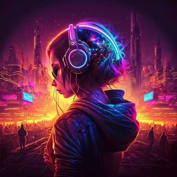 Meisje met koptelefoon neon techno vibe